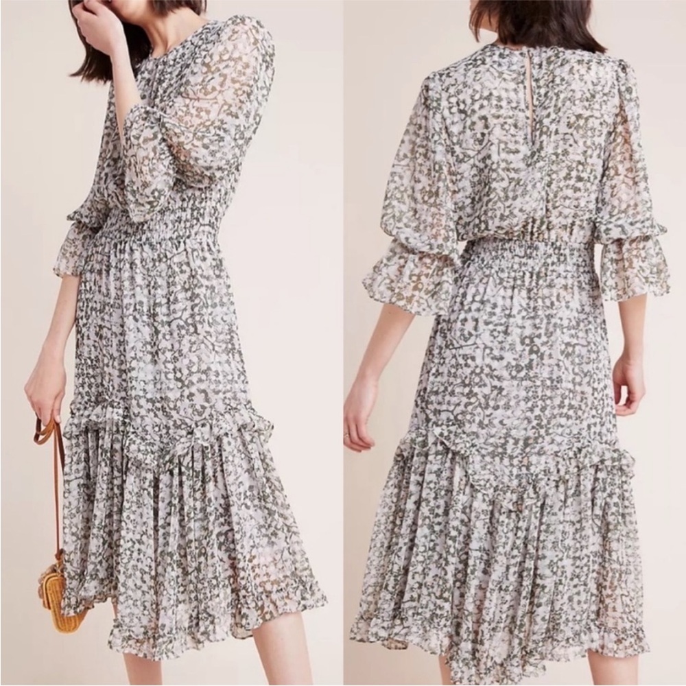 Misa Los Angeles Floral Midi Dress in White and Sage